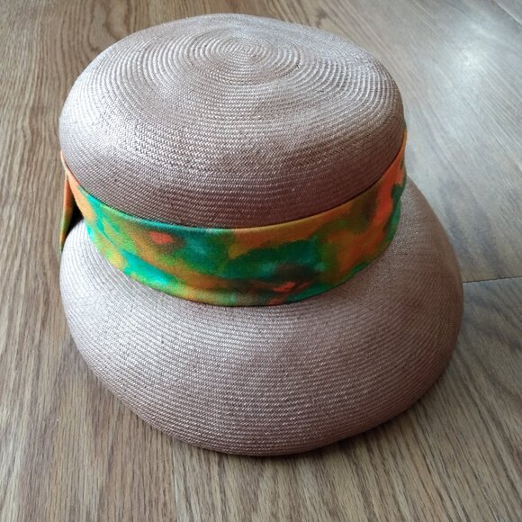 Vintage Taupe Straw Hat Tropical Orange Green Sash Sunhat Front Brim Rockabilly - Picture 3 of 12